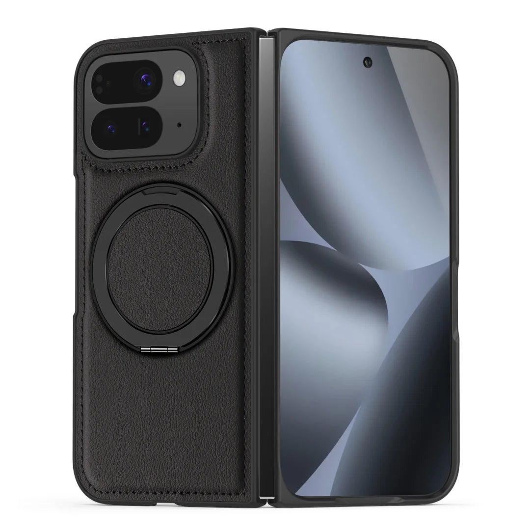 Embossed PU Leather Case For Google Pixel 10 Pro Fold Magsafe 360° Rotation Metal Stand Comfort Grip Case Cover