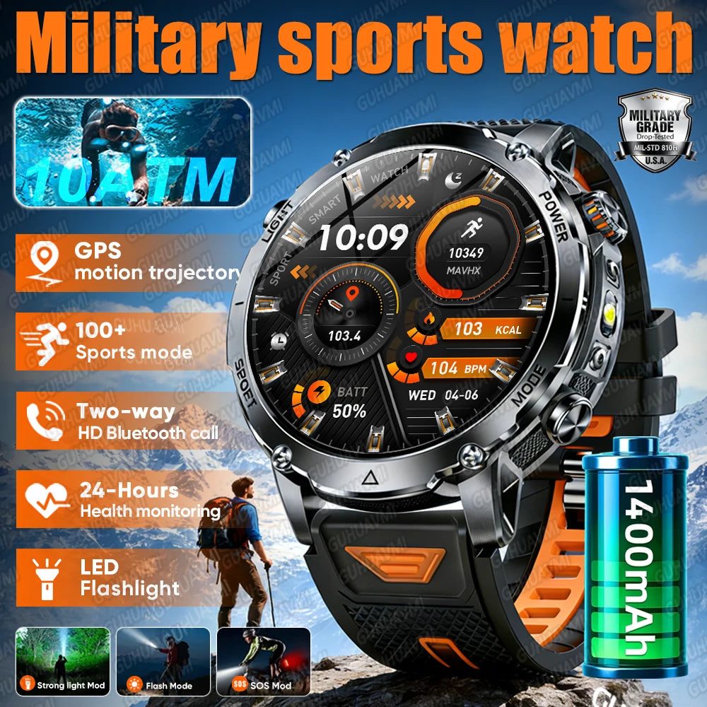 2026 New TANK Ultra 1400mAh Battery Military Smart Watch 10ATM Waterproof Heart Rate Tactical LED Flashlight Men Sports Bracelet