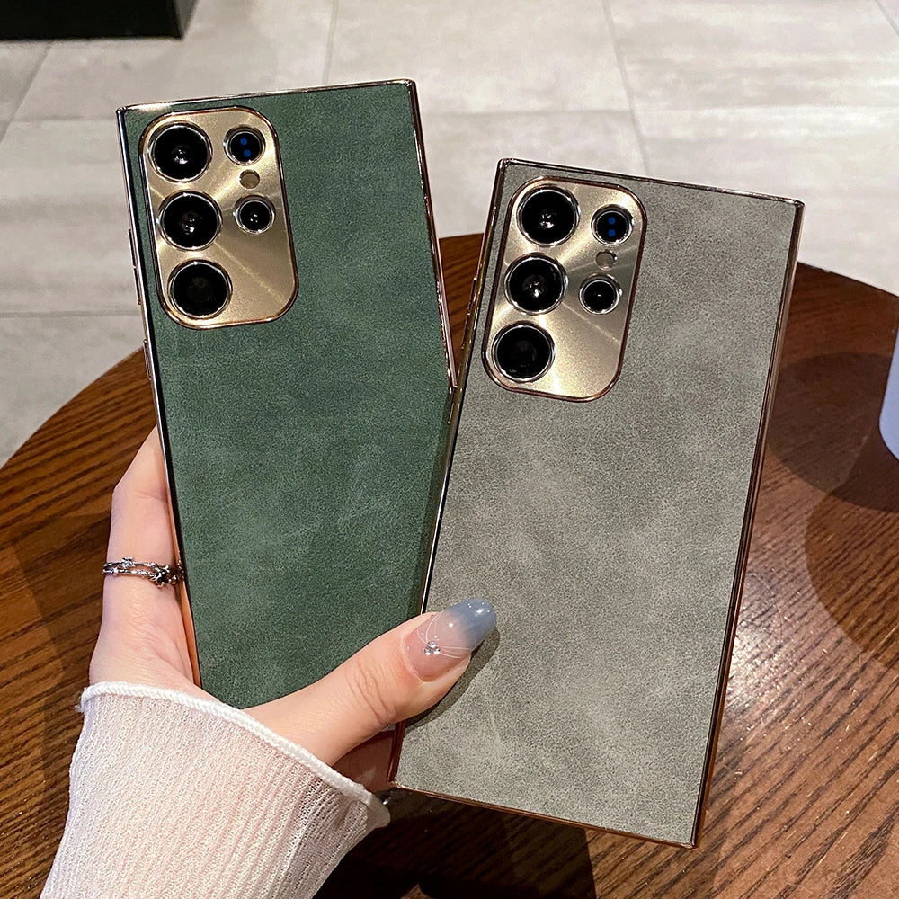 Luxury Plating Matte Suede Leather Case For Samsung Galaxy S26 S25 S24 Ultra S23 S22 Plus Camera Protection Shockproof Cover