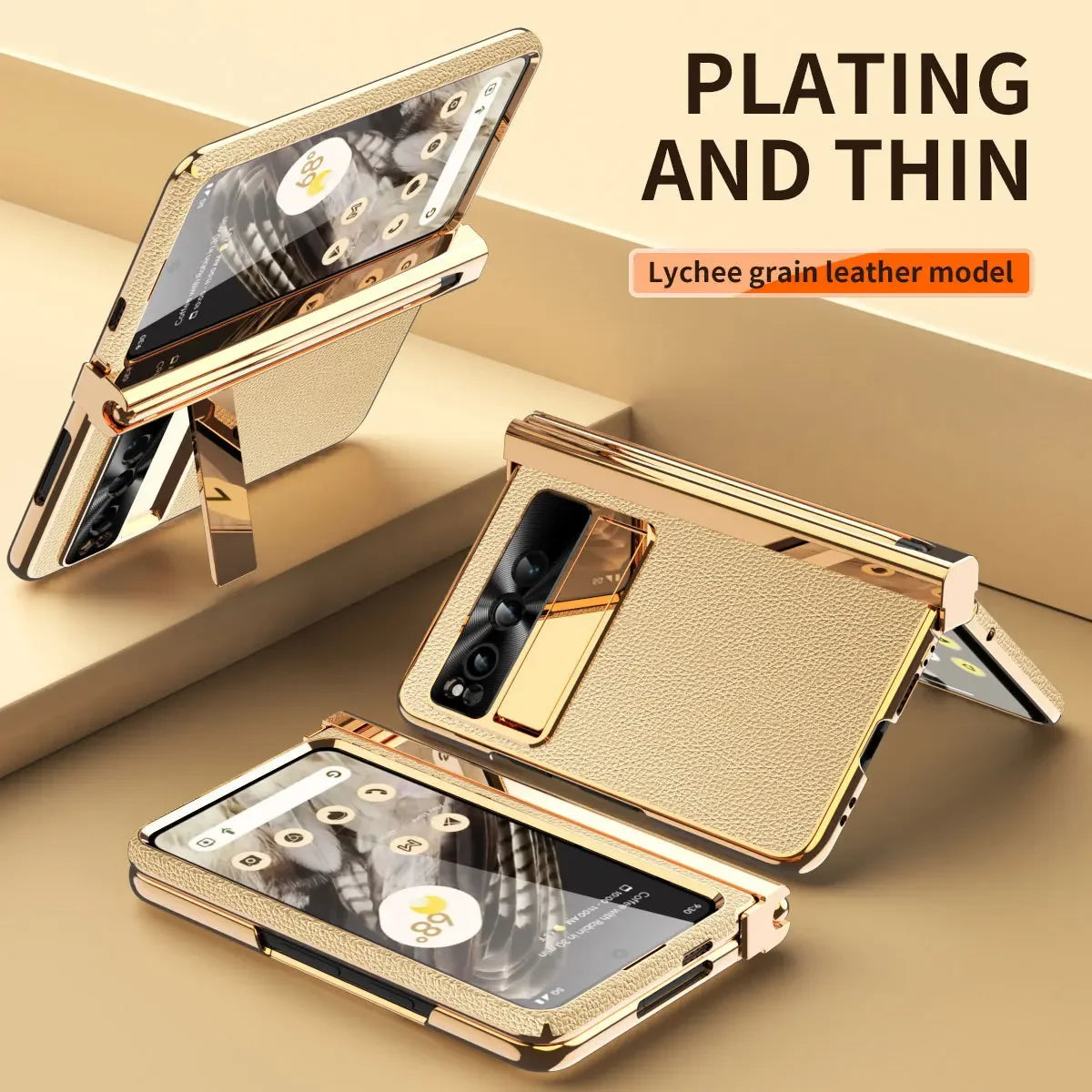 Phone case For Google Pixel Fold Plain Leather Plating Bracket Double Hinge with Pen Shell Film All-inclusive Protective Case
