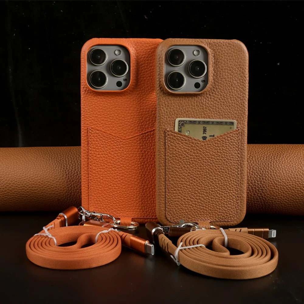 Multifunctional Charging Cable Lanyard Genuine Leather Case For iPhone 16 Pro Max 15Pro 11 13 12 14Pro Crossbody Strap Card Slot