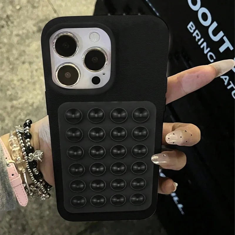 Luxury 3D Suction Cup Stand Litchi Pattern Phone Case For iPhone 17 16 15 14 Pro Max Plus 11 12 13 Pro Max X XR XS 16E Cover