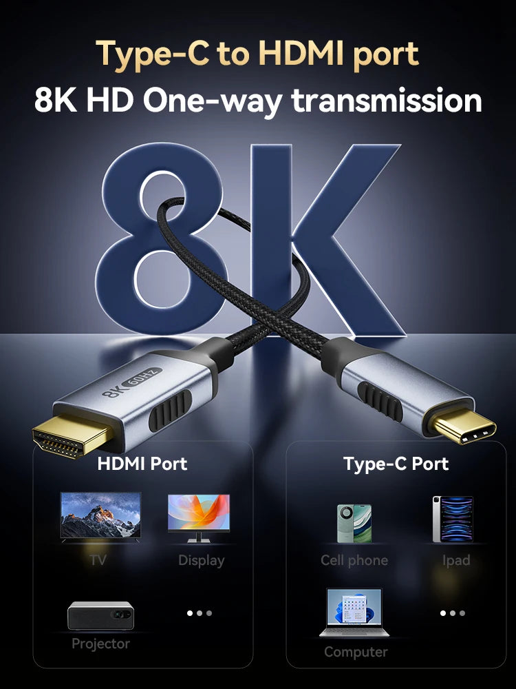 8K USB C To HDMI 2.1 Cable 8k@60hz 4K@120hz Type C HDMI Cables HDMI-Compatible  Converter Adapter For Thunderbolt 3/4 Laptop TV