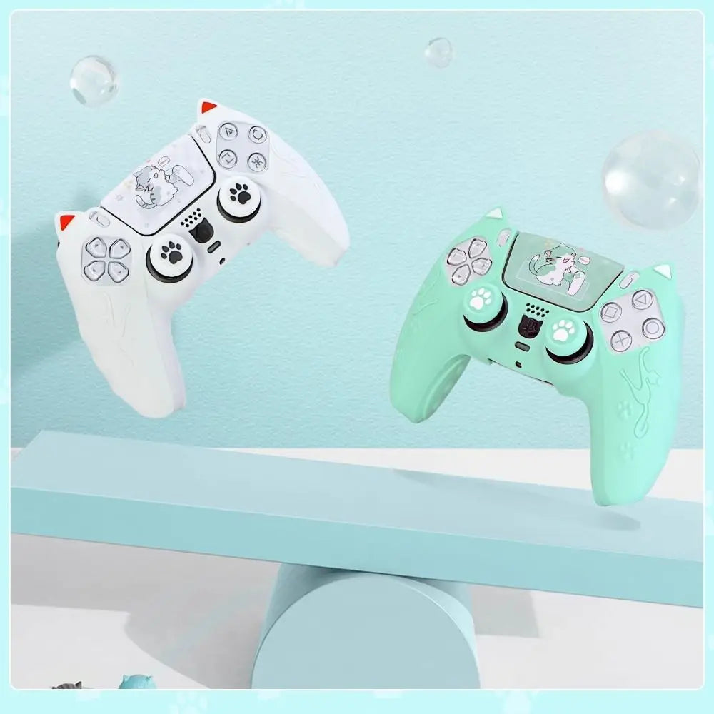 Silicone Controller Case Set Cat Paw with Sticker Controller Skin with Thumb Grip Caps Anti-slip Protective Shell Cover for PS5