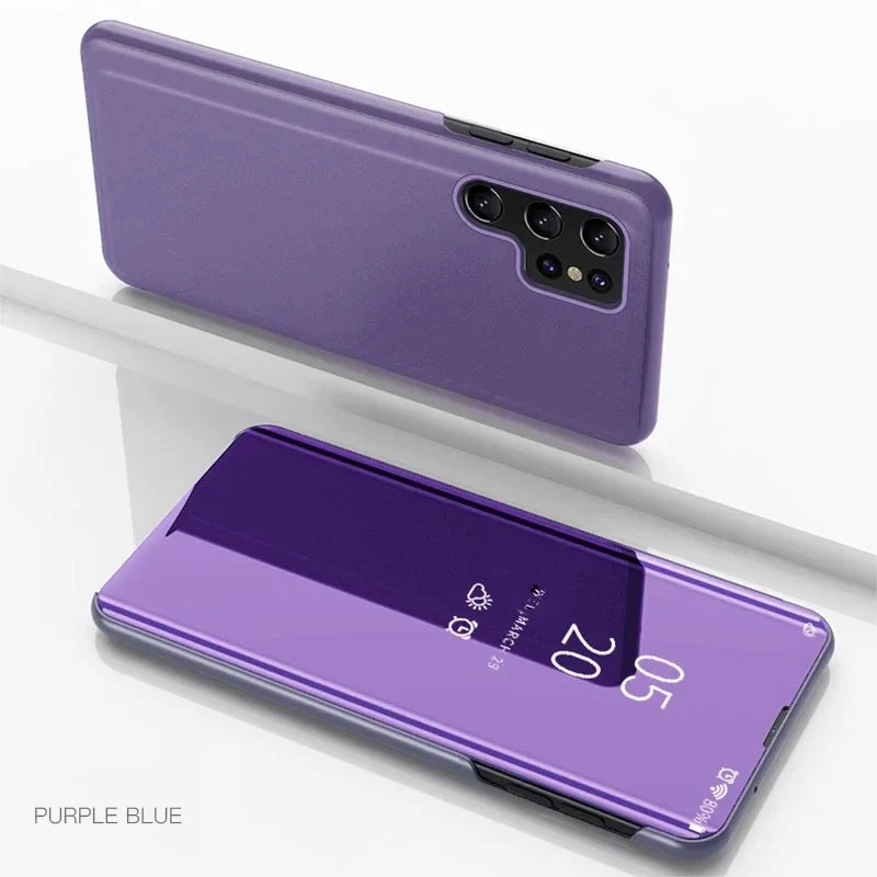 Mirror Flip Luxury Cases For Samsung Galaxy S26 Ultra S25 S23 S22 S21 Plus Fe Note 20 S24 Ultra Leather Texture Shockproof Cover