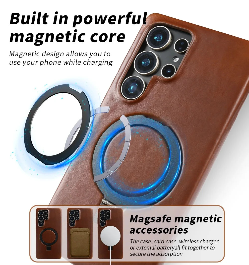 Luxury Magnetic Ring Genuine Leather Case For Samsung Galaxy S25 Ultra S24 S25edg S23 S22 S21 S20 S23 Stand Bracket Phone Cases