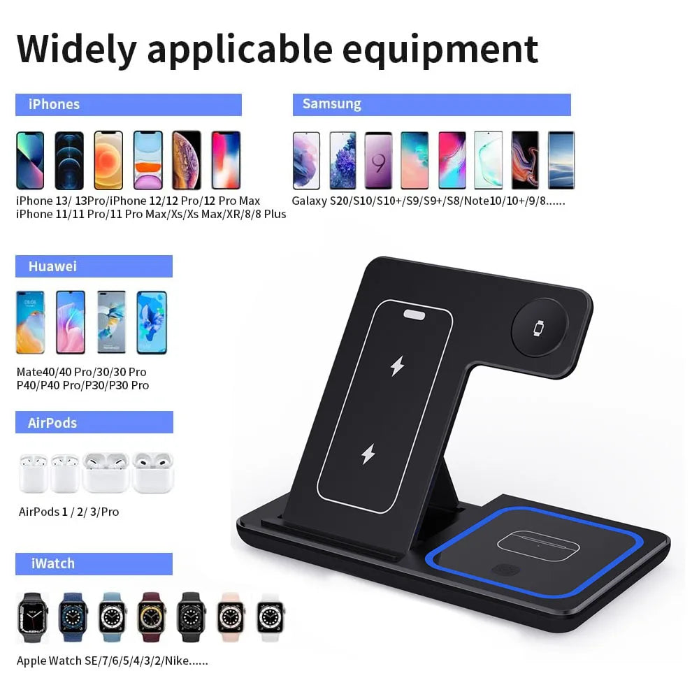 15W 3 in 1 Wireless Charger Stand Pad Foldable Fast Charging Station Dock For IPhone17 16 15 14 13 12 11 X 8 Apple Watch Airpods