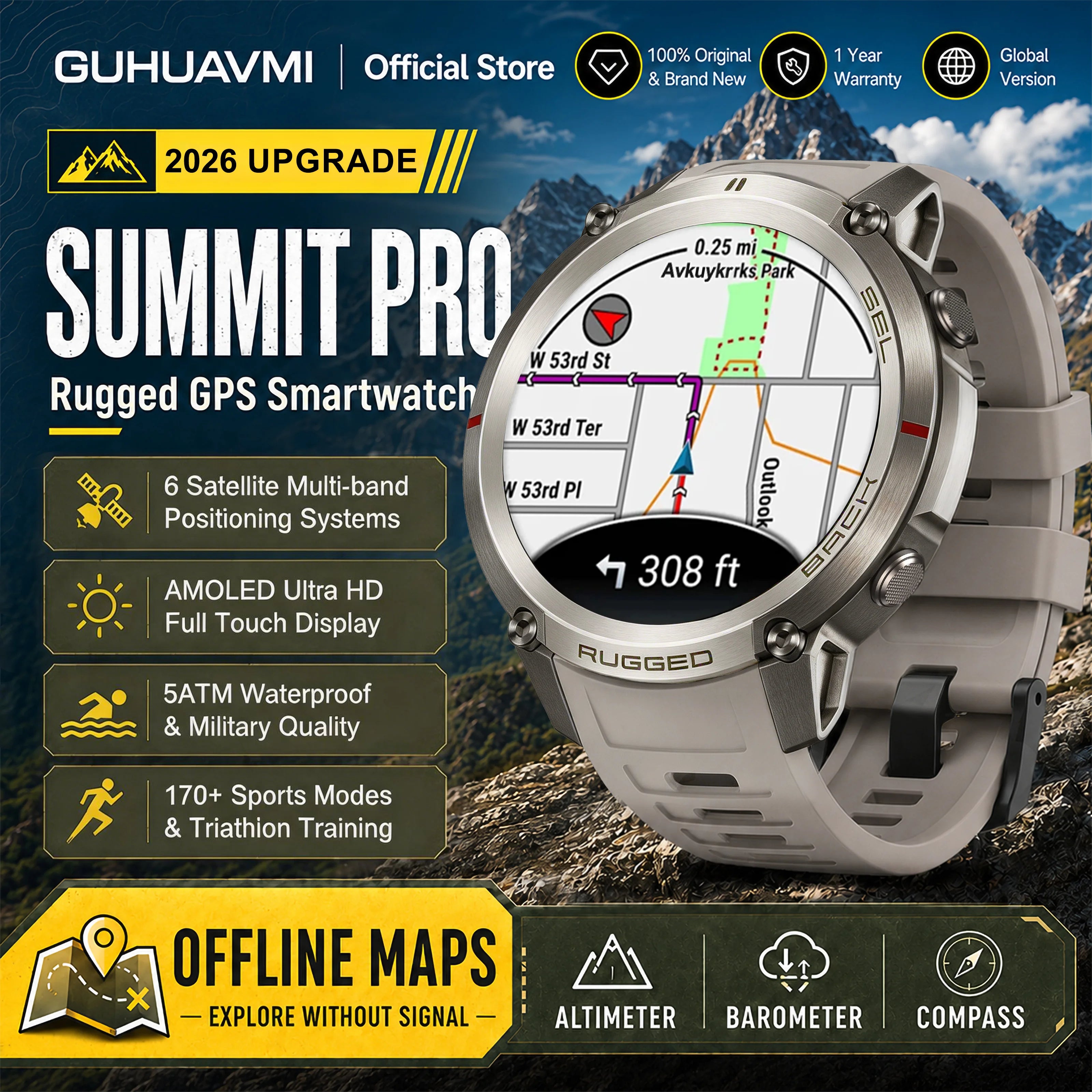 2026 Military Satellite Offline Map GPS Smart Watch Men 1.43''AMOLED Bluetooth Call Compass 5ATM Waterproof 170+Sport Smartwatch