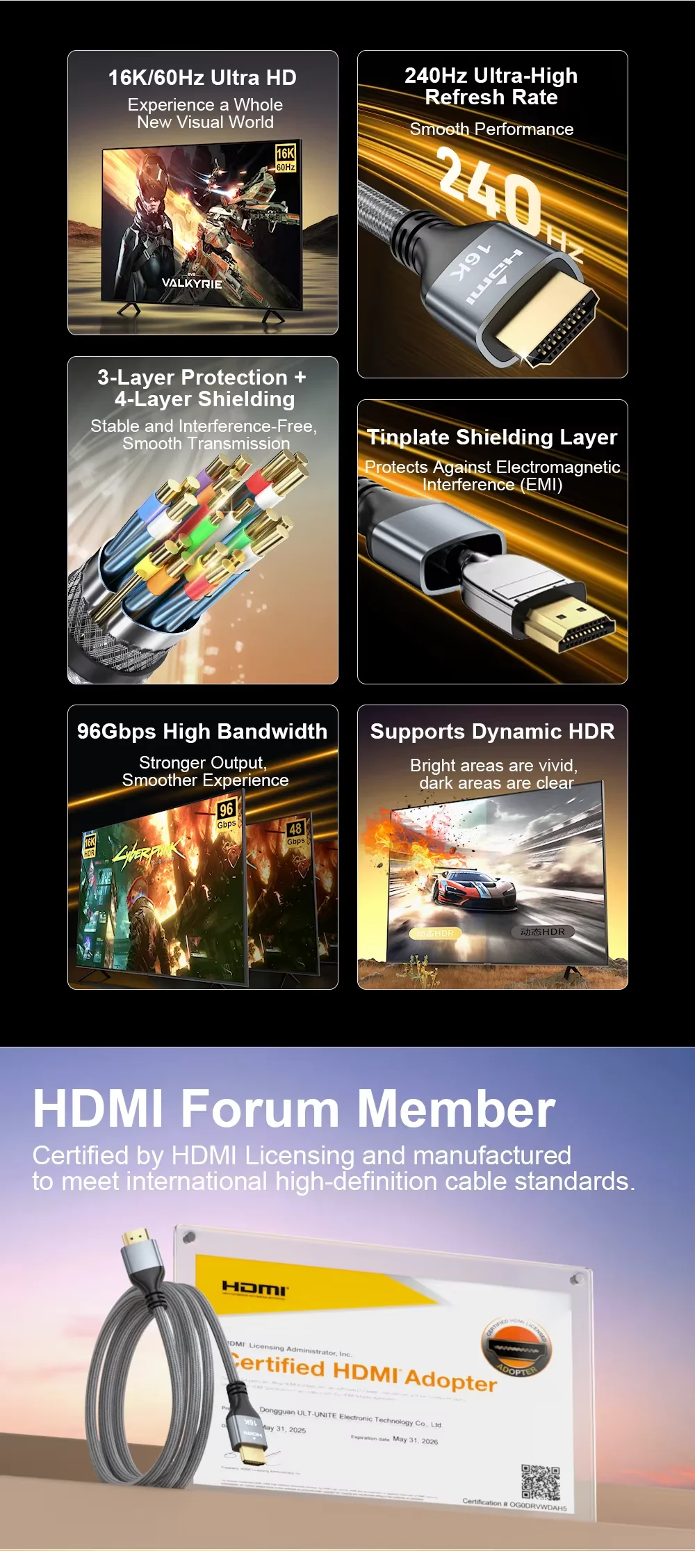 16K HDMI 2.2 Cable, 8K@120Hz HDMI Cable 10FT/3M for HDTV Box Projector PS5 Ultra High Speed Computer Cable