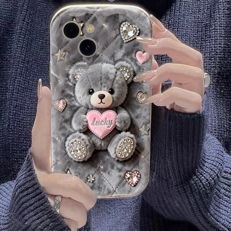 For Samsung Galaxy S26 S25 S24 Ultra S23 FE S22 S21 Plus A16 A26 A36 A56 A55 A54 Cartoon Grizzly Bear Pink Heart Printed Cover