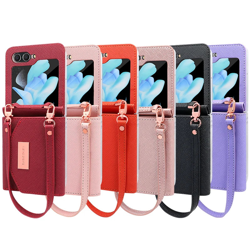 Girls Hand Strap Wallet Leather Phone Case Fit For Samsung Galaxy Z Flip 8 Flip7 6 5 4 3 5g Flip5 Flip4 Flip3 Holder Phone Cover