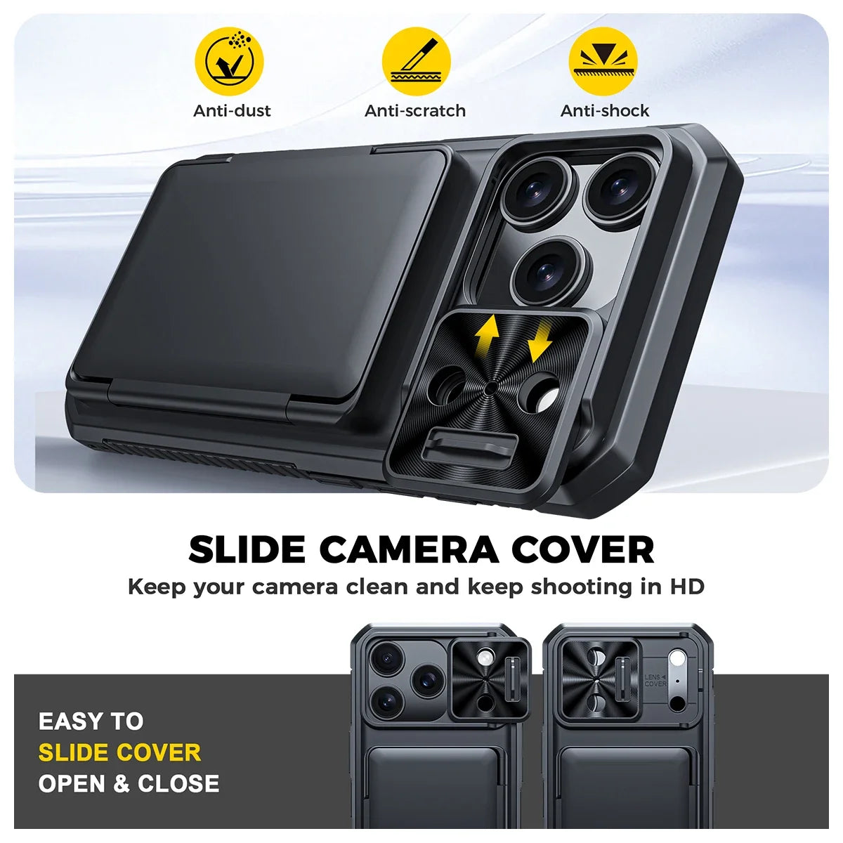 Halloween Gifts With Card Holder Sliding Camera Cover And Stand For iPhone 17 Pro Case,Anti-Fall PC+TPU Wallet Case-Black