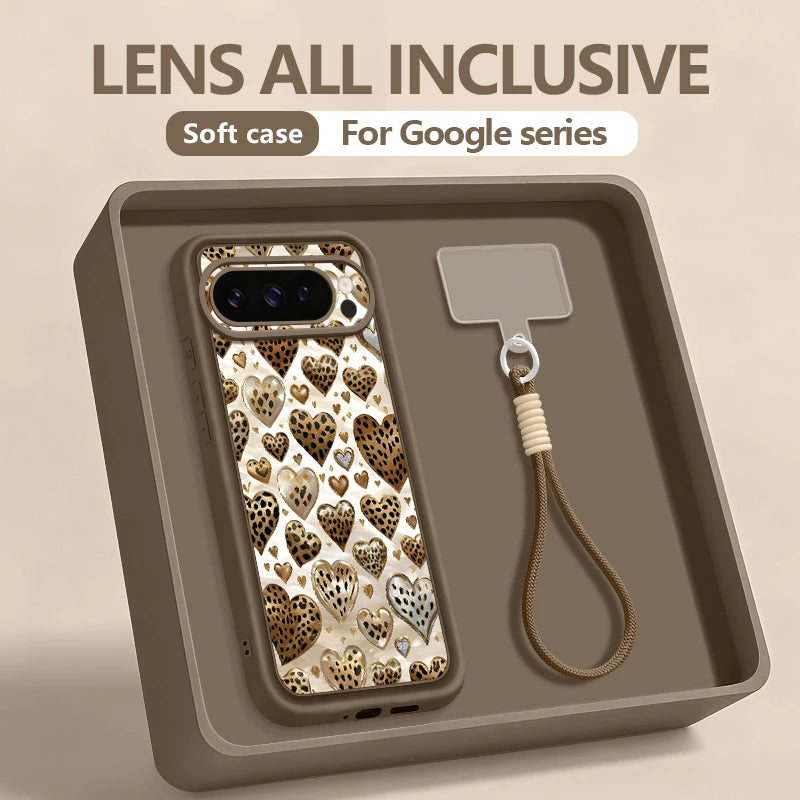 Leopard Love Heart Patterned Phone Case For Google Pixel 10 9 Pro Pixel 8A 7A 10 9 Pro XL 8 7 Pro 9A Soft Silicone Lanyard Cover