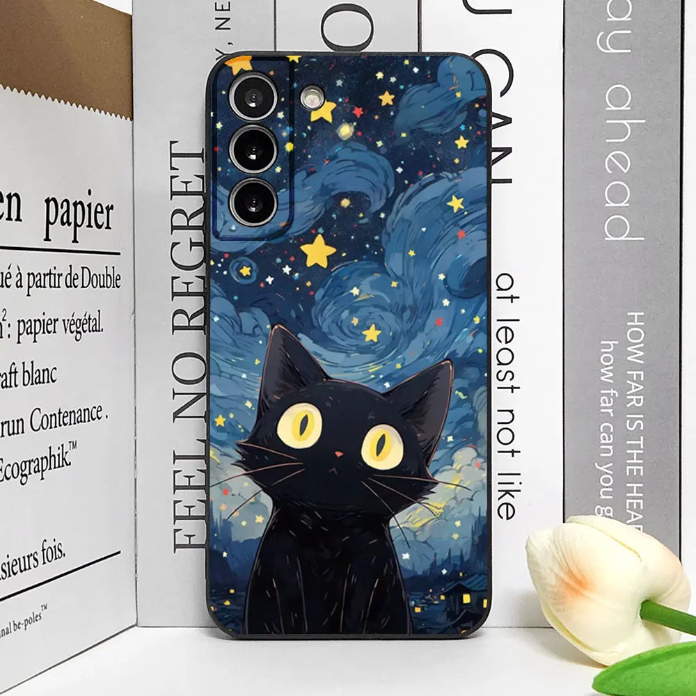 Artistic Black Cat Starry Night Soft TPU Phone Case For Samsung Galaxy S23 S24 S25 Ultra S22 S21 S20 Plus FE A15 A54 A55 Cover