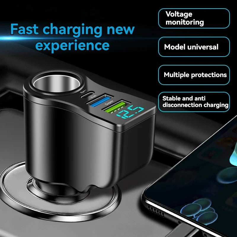 4 in 1 Car Charger Adapter 66W PD Fast Charging USB C Car Charger Cigarette Lighter Splitter with Digital Display