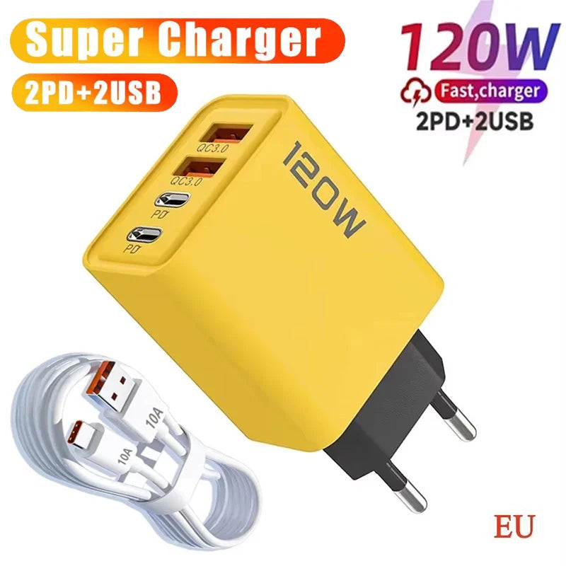120W 4-Ports USB Type-C Charger Fast Charging Data Cable USB Phone Charger Adapter For Xiaomi IPhone17 16 15 Huawei Wall Charger