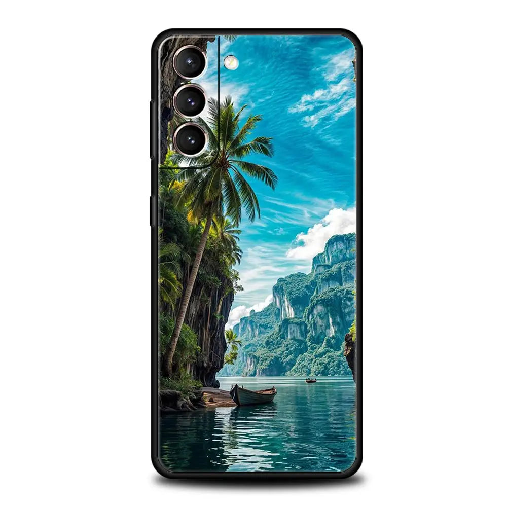 Summer Beach Scene at Sunset on sea Palm Tree Case For Samsung Galaxy S24 S23 S22 S20 Ultra S21 FE 5G S10 S9 Plus S10E S8 Cover