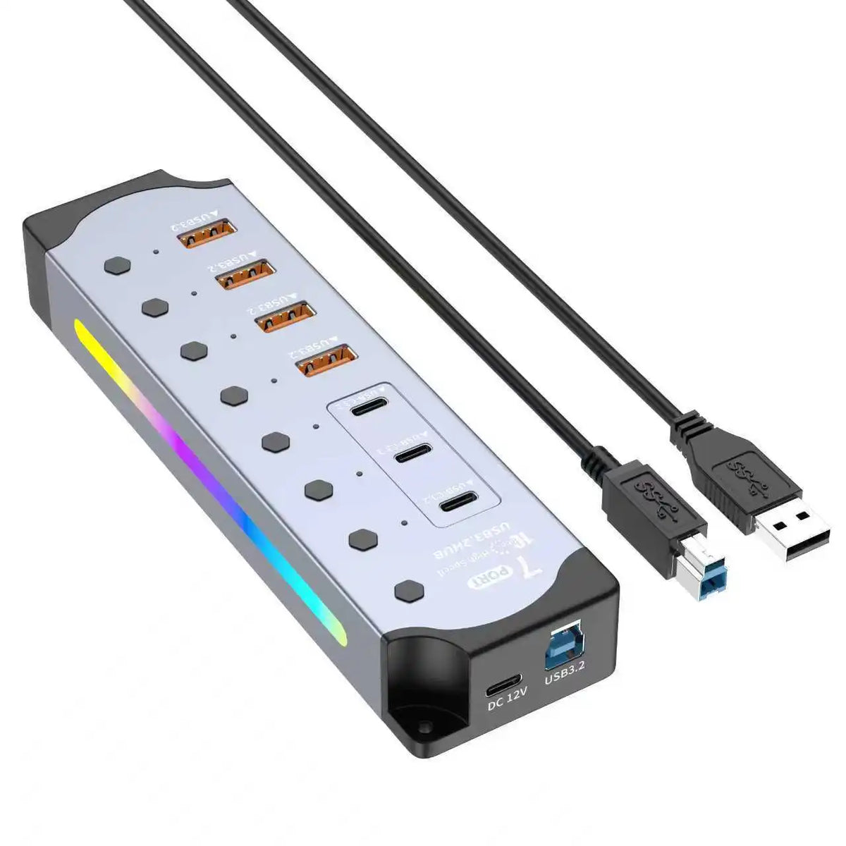 7Port USB 3.2 USB-C Hub 10Gbps USB-A USB-C Ports Splitter Individual Switches 12V US/EU Power Adapter Expander for Laptop PC
