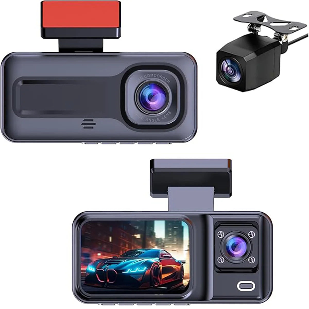 3 Channel Dash Cam – 1080P Front/Cabin/Rear, Night Vision, Loop Recording