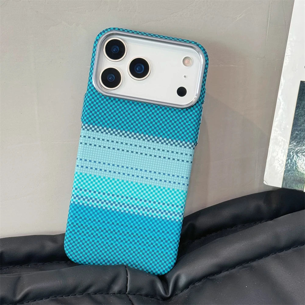Luxury Kelvar Carbon Fiber Colorful Case for iPhone 17 16 15 14  13 Pro Max Metal Lens Frame Ultra Thin Hard Shockproof Cover