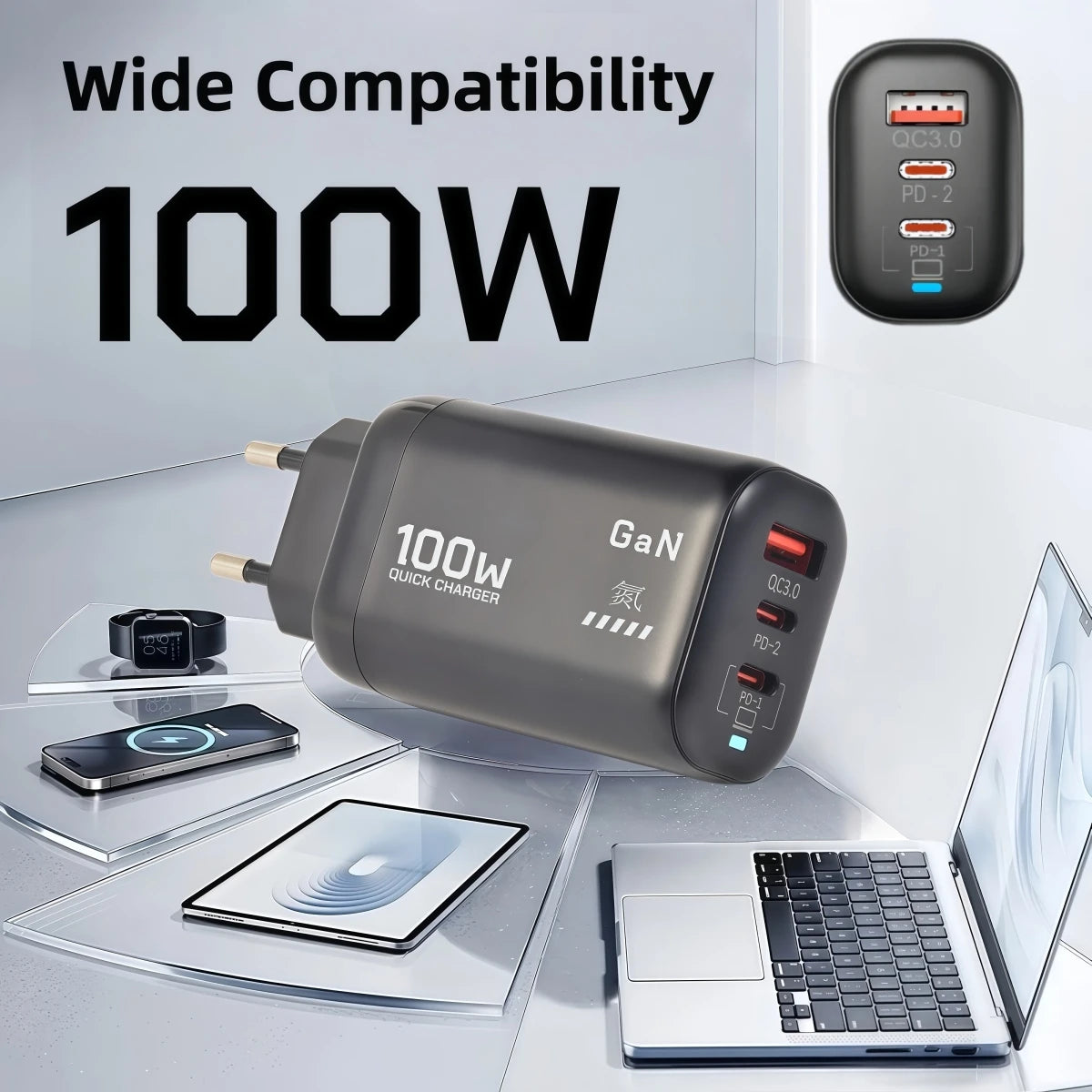 100W GaN PD Type C Charger USB QC 3.0 For Laptop Ipad PPS Fast Charge EU UK For Samsung Xiaomi iPhone 15 16 Pro Max Mobile Phone