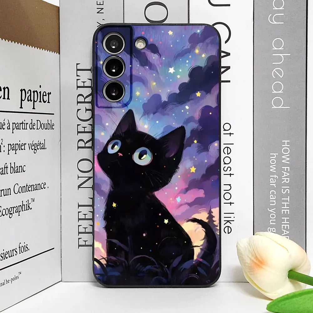Artistic Black Cat Starry Night Soft TPU Phone Case For Samsung Galaxy S23 S24 S25 Ultra S22 S21 S20 Plus FE A15 A54 A55 Cover