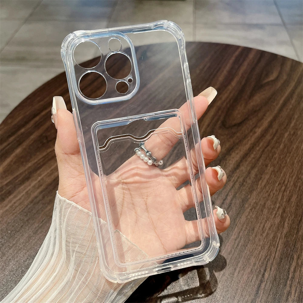 Clear Card Pocket Shockproof Case for iPhone 17 16 15 14 13 12 11 Pro Xs Max 16e X XR 6 6s 7 8 Plus SE 2020 2022 Silicone Cover