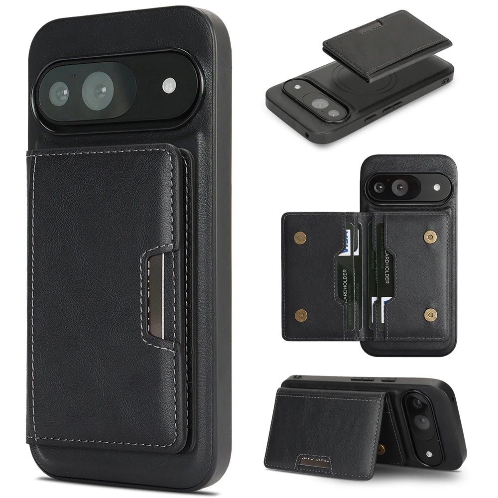 2 In 1 Magnetic Leather Case For Google Pixel 10 9 8 9a 8a Pro Xl 10pro 9pro 8pro Cards Slots Holder Kickstand Bag Phone Cover