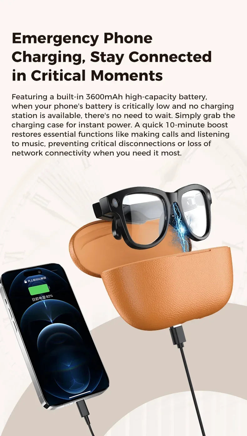 MOGCO Smart AI Glasses, 8MP Camera, Real-time Translation, 3600mAh Charging Case, 43.6g Ultra Lightweight Portable Eyeglasses
