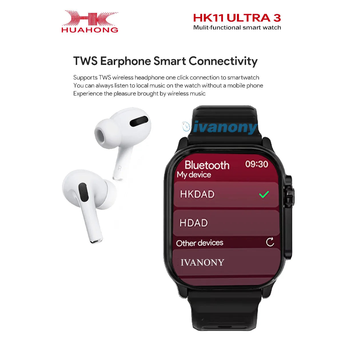 Original HK11 ULTRA3 Smart Watch Support TWS Earphone Connect Network Share Connection AI Robots Receive Call AMOLED Smartwatch