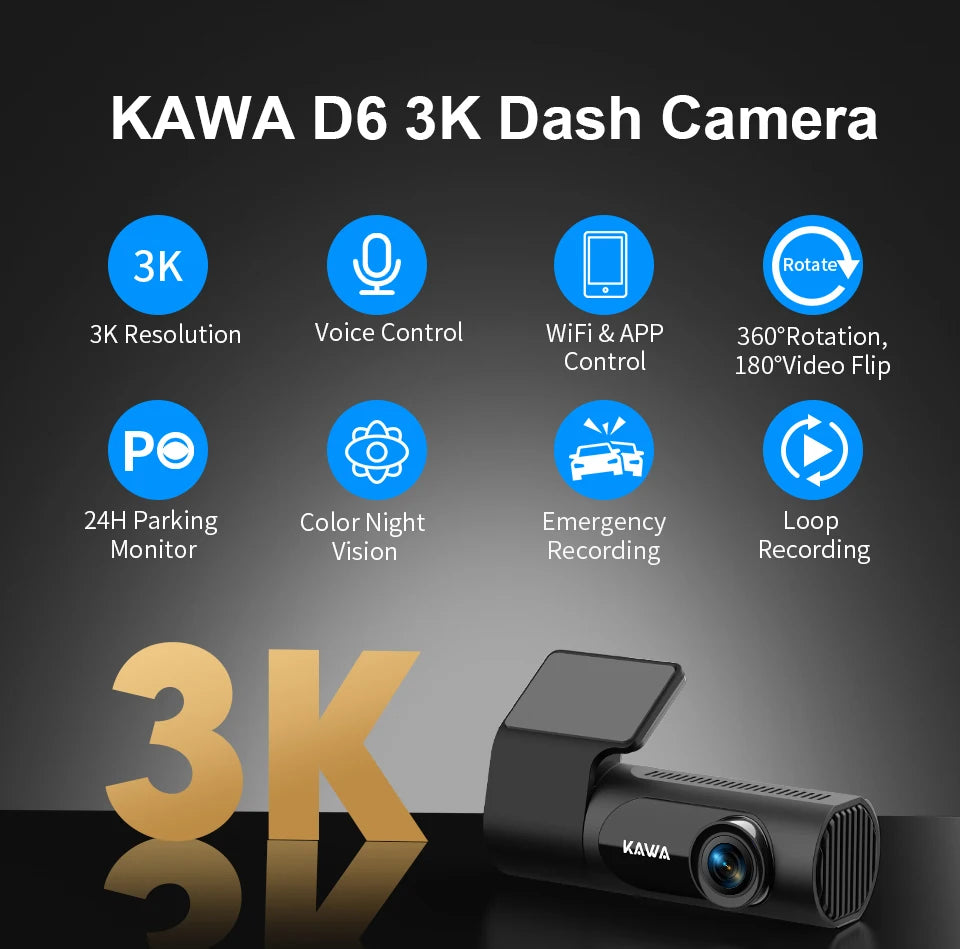 KAWA Dash cam Video Recorder D6 3K Car Camera, Car DVR Voice Control Dash AUTO Camera,Night Vision Dashcam 2025 New