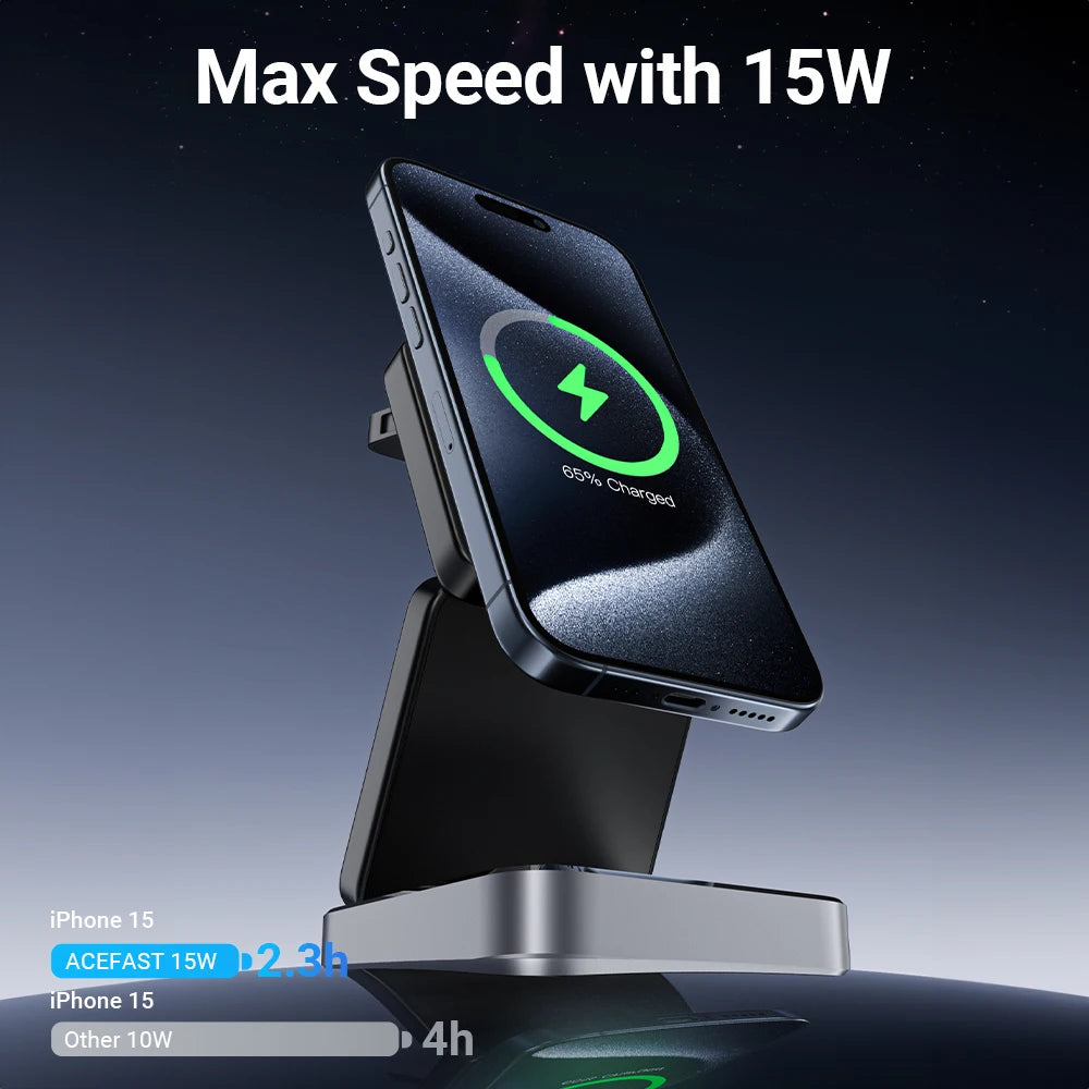 ACEFAST Aluminum Alloy 15W Wireless Magnetic Wireless Charging Holder For iPhone 16/15/14 Foldable 3 in 1 Charging Dock Station
