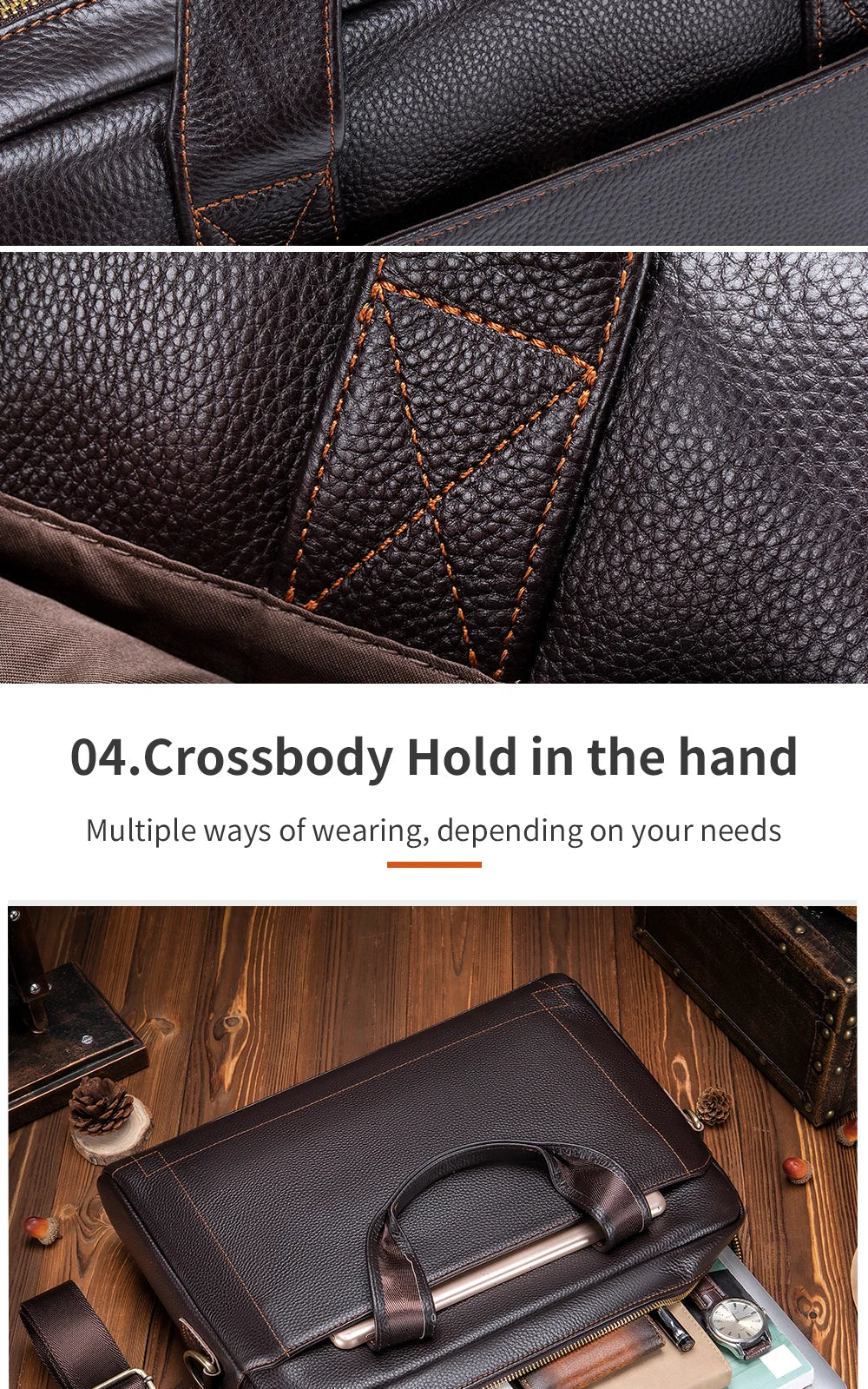 Men's leather handbag, top layer cowhide briefcase, leather laptop bag, diagonal cross office bag