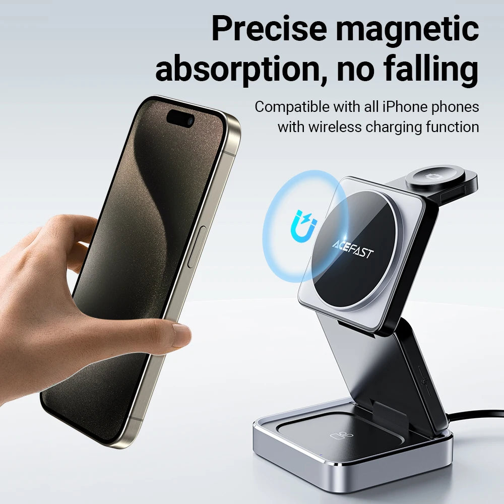 ACEFAST Aluminum Alloy 15W Wireless Magnetic Wireless Charging Holder For iPhone 16/15/14 Foldable 3 in 1 Charging Dock Station