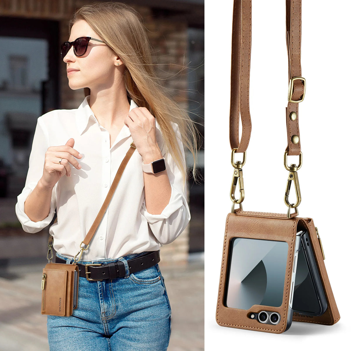 2 in 1 Luxury Leather Flip Phone Case For Samsung Galaxy Z Flip 8 7 6 5 4 3  Magnetic Wallet Card Solt Zipper Lanyard Cover ﻿