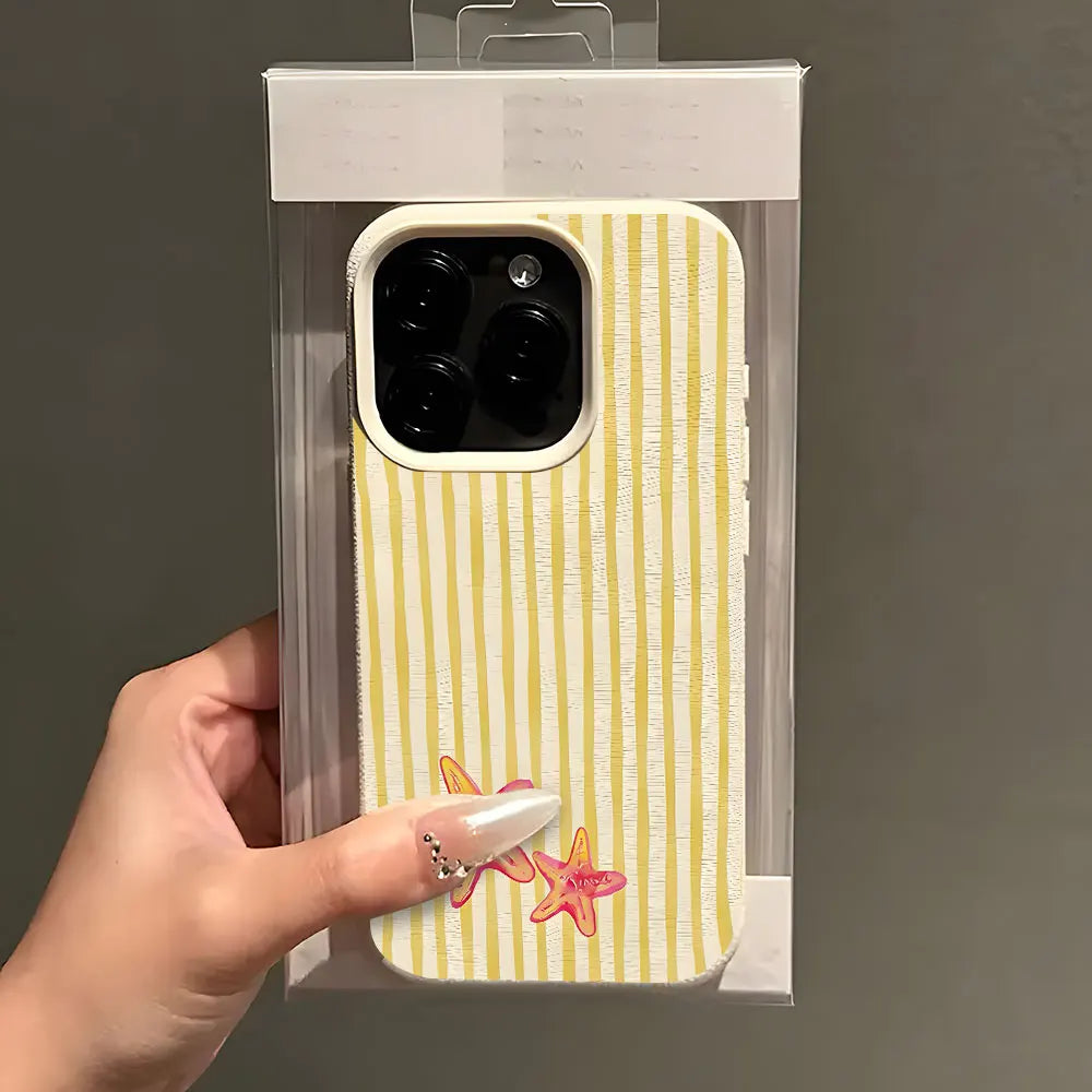 Cute Starfish Stripe Pattern Lychee Soft Phone Case For iPhone 11 12 13 14 15 Pro 16 17 Pro Max 15 14 Plus 17 Air X Xs XR Cover
