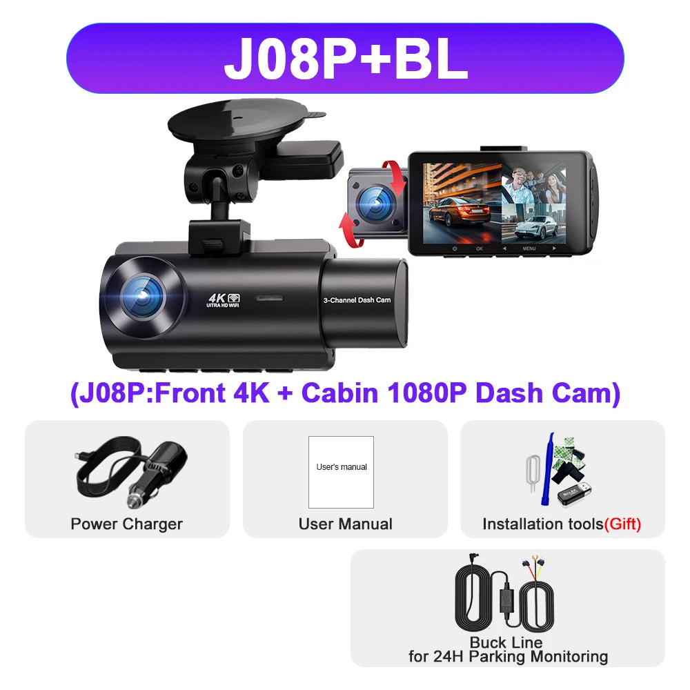 Kocam 3 Camera WIFI GPS 4K Dash Cam Car Dvr Interior Vehicle Three Way Channel Dvrs Recorder Video Registrator Dashcam Camcorder
