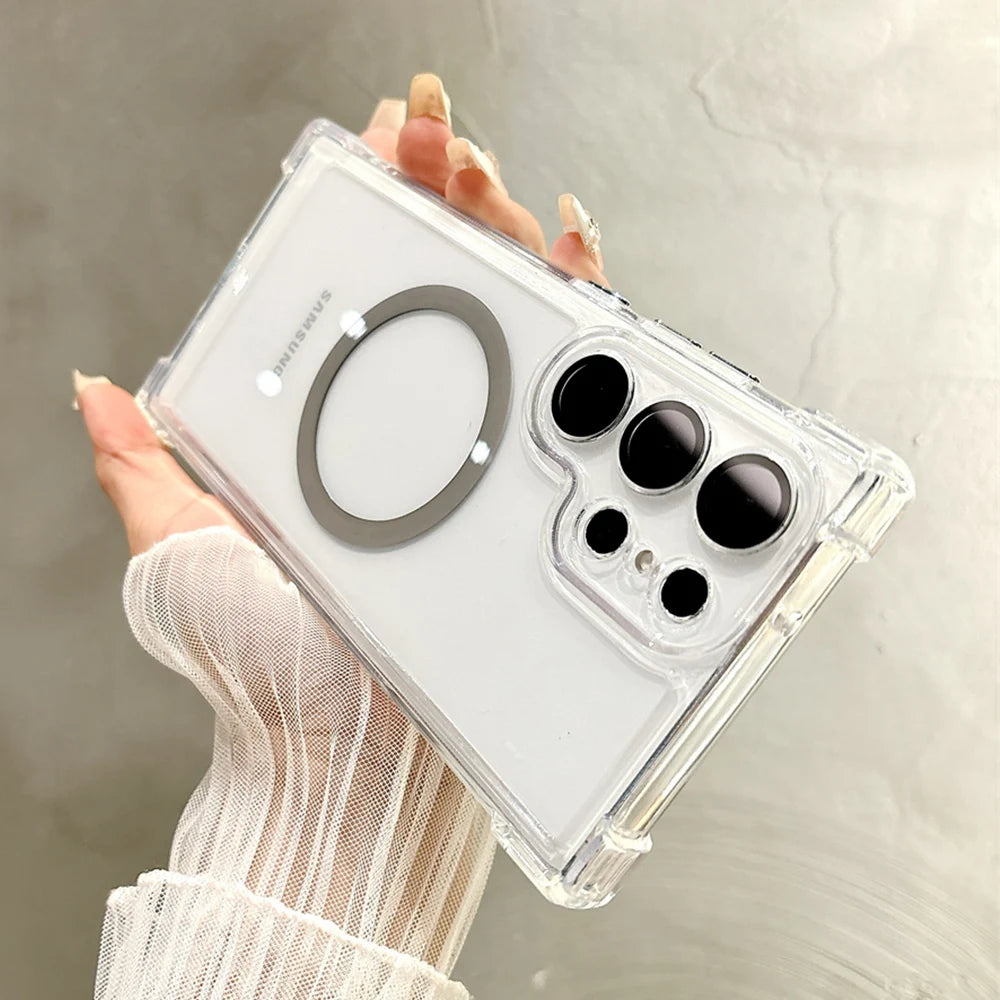 Transparent Armour Magnetic Case For Samsung S26 S25 S23 S24 Plus S21 S22 Ultra Corners Reinforced Shockproof Protection Cover