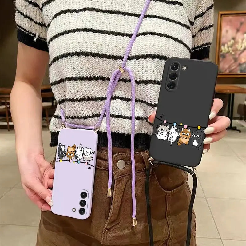 S23 Four Little Cat Lanyard Silicone Phone Case For Samsung S23 S24 S23FE S24Plus S23Ultra S22 S23Plus S22Plus S20 S21FE Cover