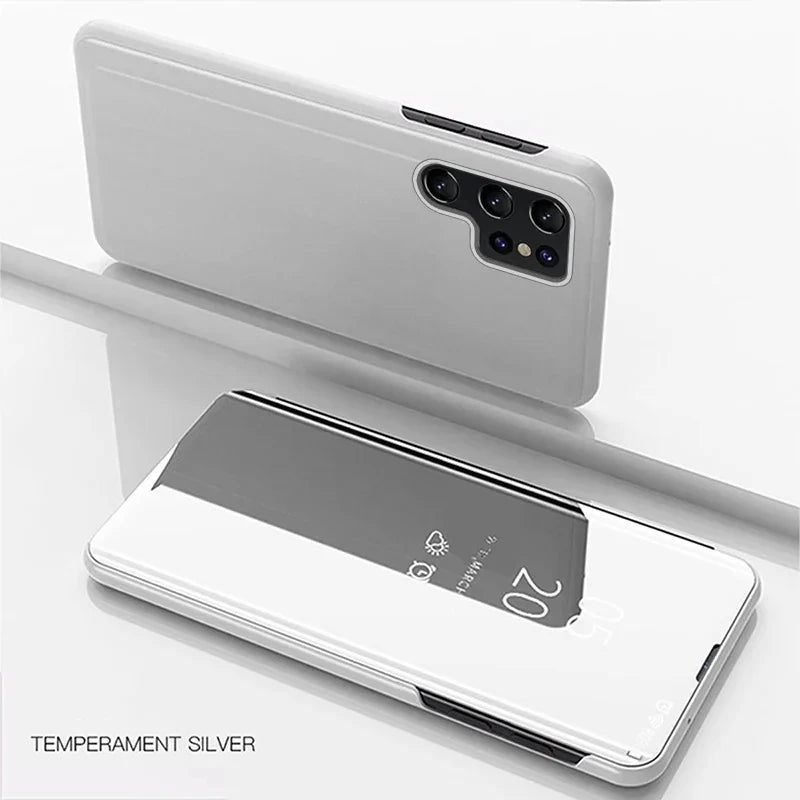 Mirror Flip Luxury Cases For Samsung Galaxy S26 Ultra S25 S23 S22 S21 Plus Fe Note 20 S24 Ultra Leather Texture Shockproof Cover