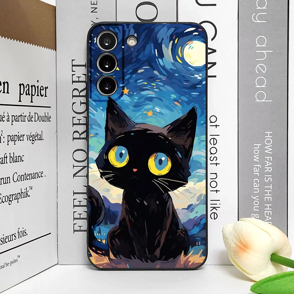 Artistic Black Cat Starry Night Soft TPU Phone Case For Samsung Galaxy S23 S24 S25 Ultra S22 S21 S20 Plus FE A15 A54 A55 Cover