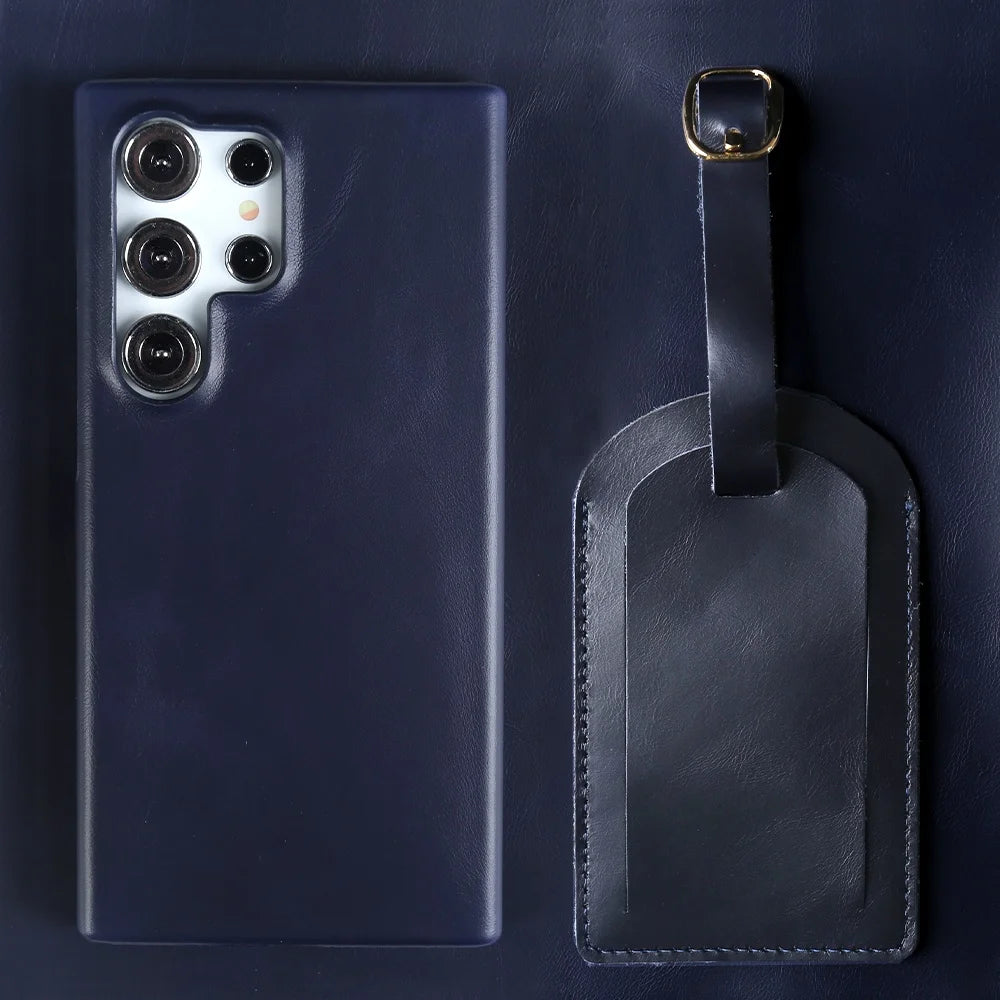 Luxury Business Genuine Leather Phone Case For Samsung Galaxy S25 Ultra S24FE S23 S22 S21 S20 Vintage Back Cover + Luggage Tag