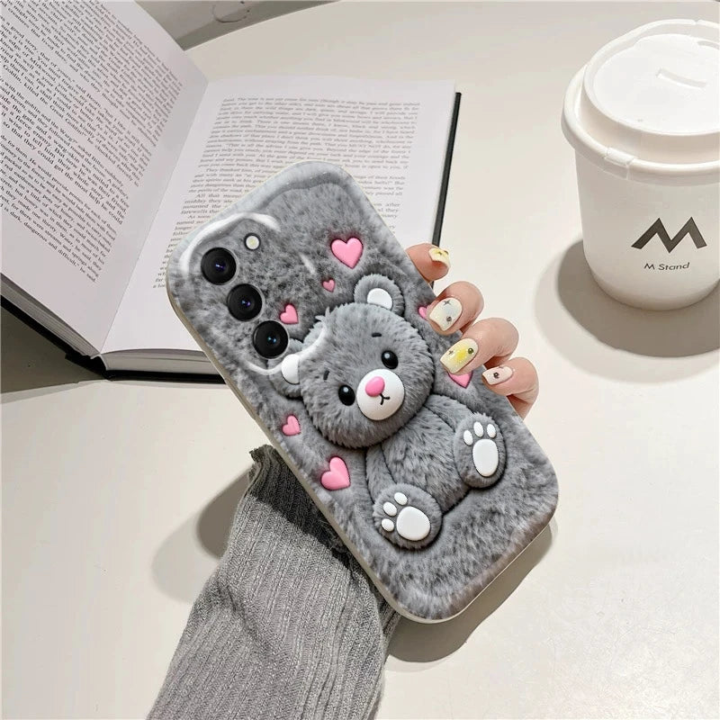 For Samsung Galaxy S26 S25 S24 Ultra S23 FE S22 S21 Plus A16 A26 A36 A56 A55 A54 Cartoon Grizzly Bear Pink Heart Printed Cover