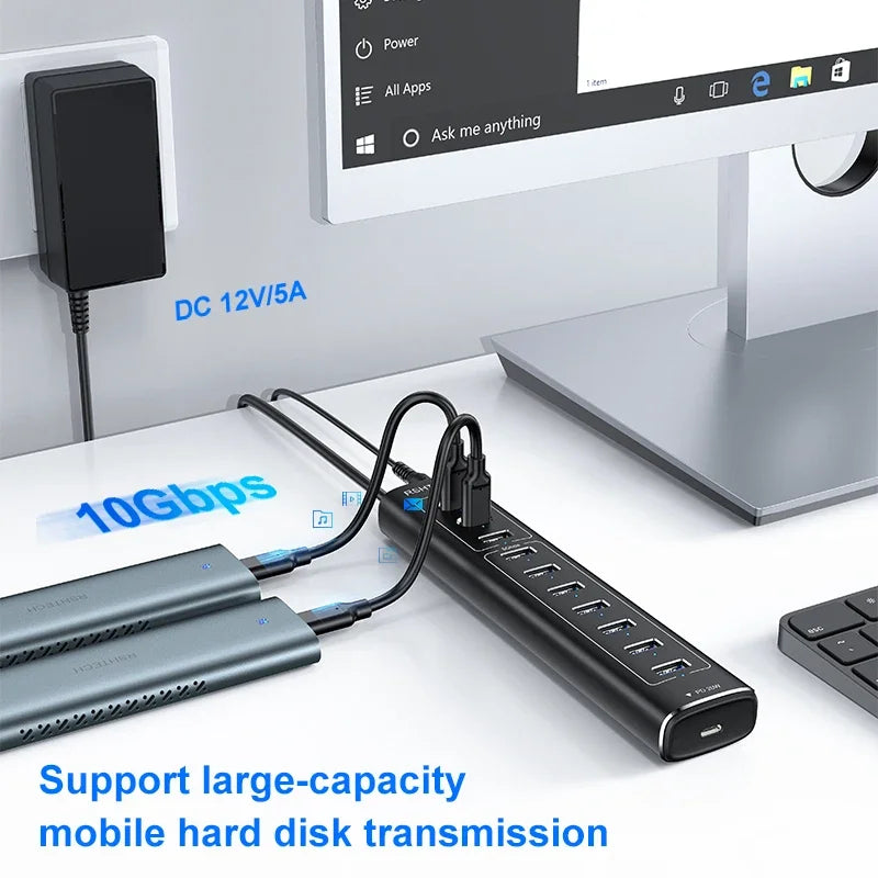 RSHTECH 60W USB 3.1 Hub 10Gbps for Laptop Macbook with 7 USB3.0 Port and 20W PD Aluminum USB Splitter Data Transfer Dock Station