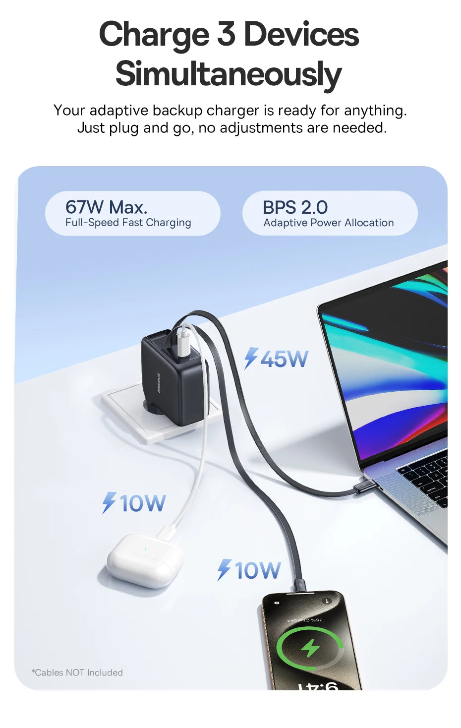 Baseus 67W 100W Fast Charger GaN Charger USB C Retractable Cable Phone Charger For iPhone Samsung Laptop Charger PD QC Charger