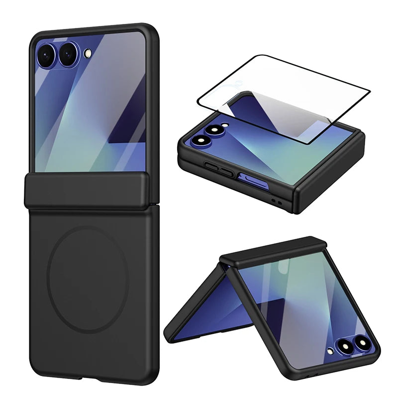 Hinge Protection Phone Case For Samsung Galaxy Z Flip 8 7 6 5 4 3 Magnetic Wireless Charging Case With Built-in Glass Film