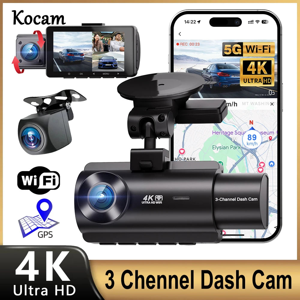 Kocam 3 Camera WIFI GPS 4K Dash Cam Car Dvr Interior Vehicle Three Way Channel Dvrs Recorder Video Registrator Dashcam Camcorder