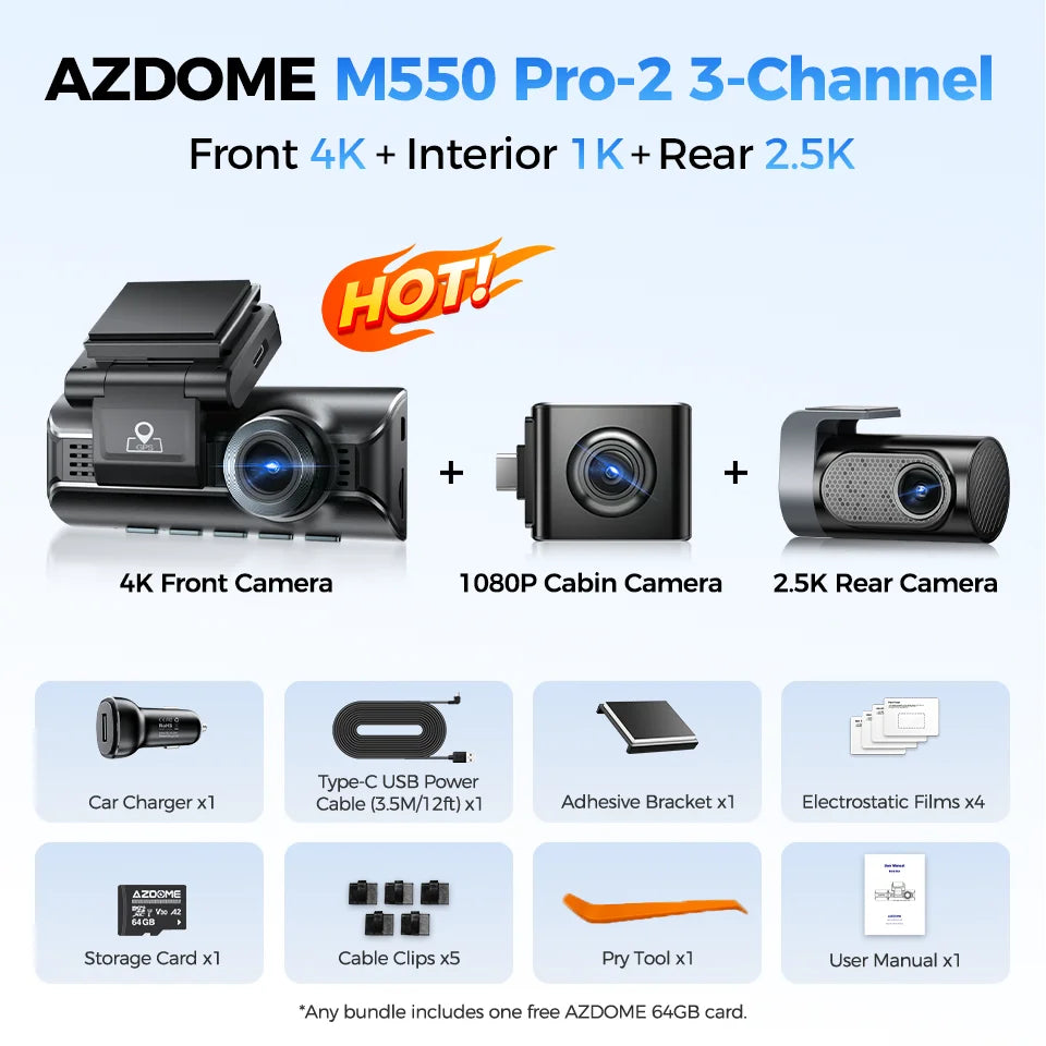 New AZDOME 4K M550 Pro Dash Cam Front Rear Interior 3 in 1 Car Camera 24H Parking Monitor Supercapacitor 5G WIFI GPS ADASCar DVR