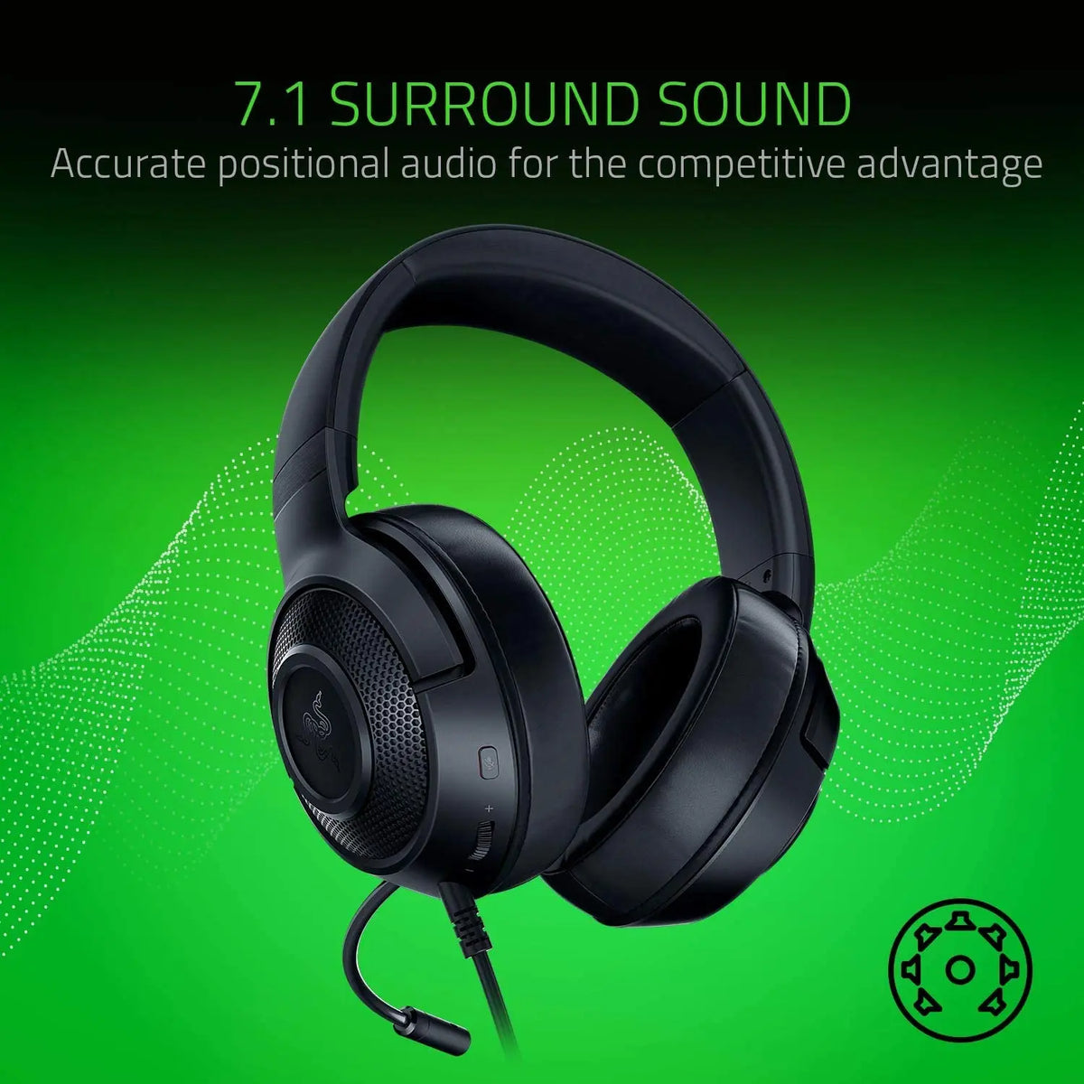 Razer Kraken X Wired Gaming Headset 7.1 Surround Sound Over-Ear Headphones with Bendable Mic 40mm Driver for PC PS4 Xbox