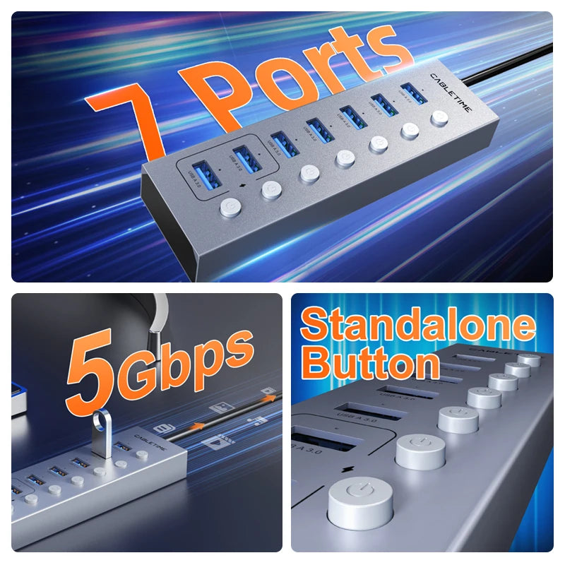 CABLETIME USB 3.0 HUB 5Gbps Dock Station 7-Port USB3.0 Splitter with Individual OFF/ON Switch for PC Laptop USB Ports Extender